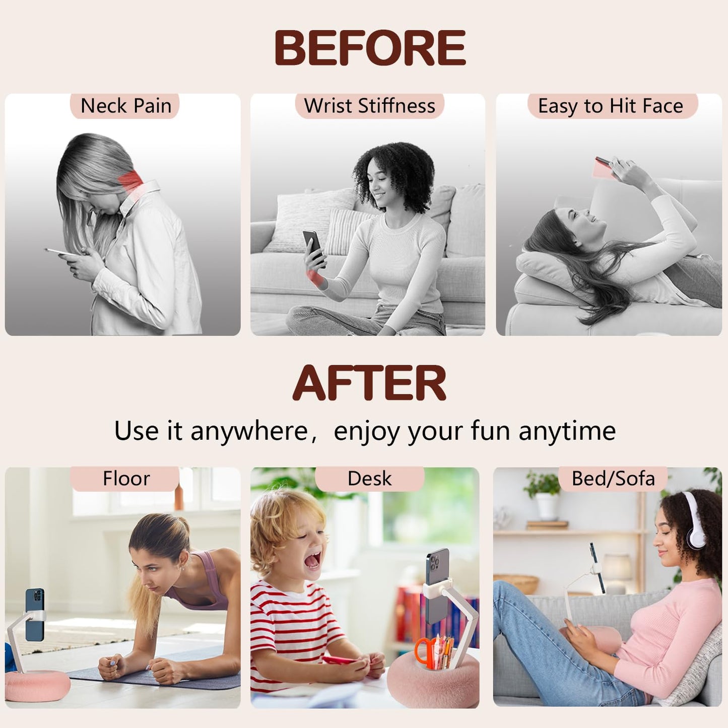BIVOGID Upgraded Phone Holder for Bed,Dual Axis Arm 360°Adjustable Angle Height,30% Wider Clamp,Bed Phone Holder Laying Downd with Bowl and Suction