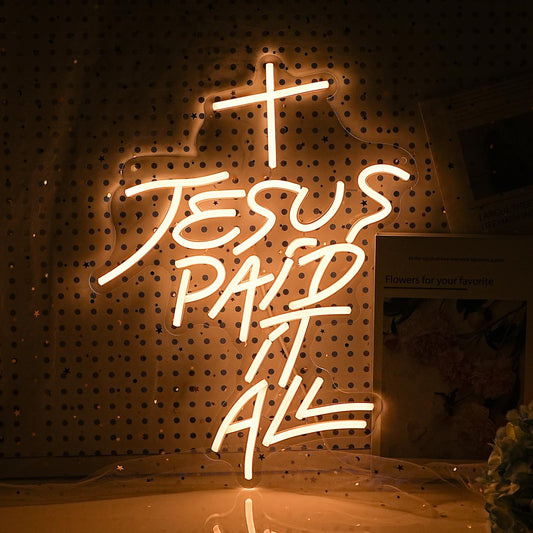 LIUOZHTEA Jesus Paid It All Neon Sign Warm White Cross Neon Light for Wall Decor Dimmable Jesus Cross LED Light Up Sign for Christian Church Christmas