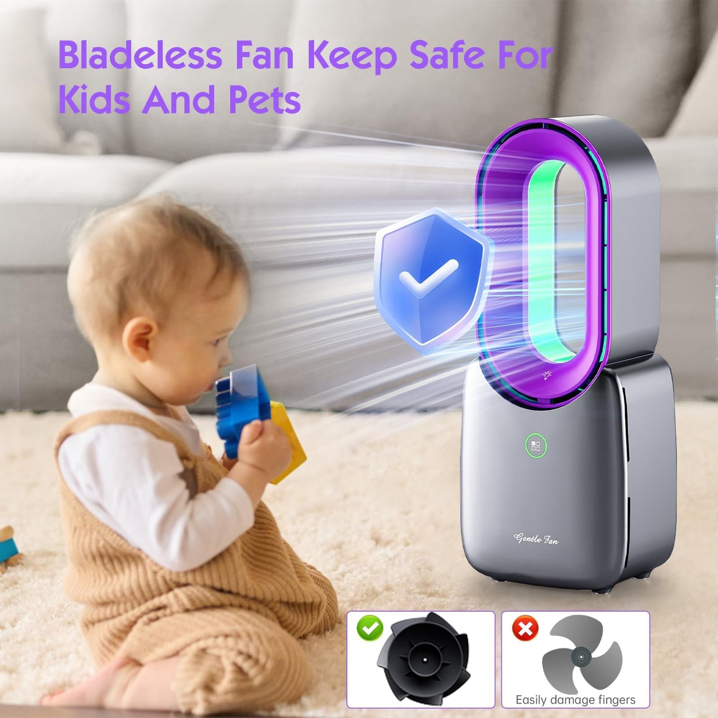 Misby Rechargeable Desk Fan, 5-color LED Light Bladeless Table Fan of 11.8 Inch, Purple Desk Fans Small Quiet for Bedroom, Home, Office