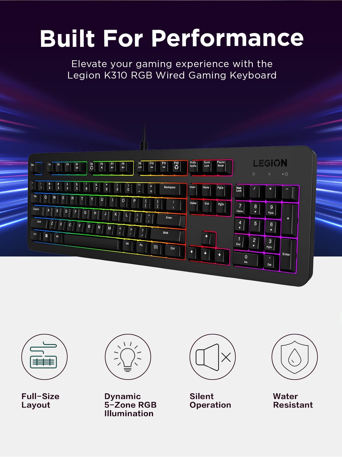 Lenovo Legion K310 RGB Wired Gaming Keyboard - Ultra-Fast Reaction Time with Tactile Keys, Quiet Key Membrane Switches, Silent Operation, RGB