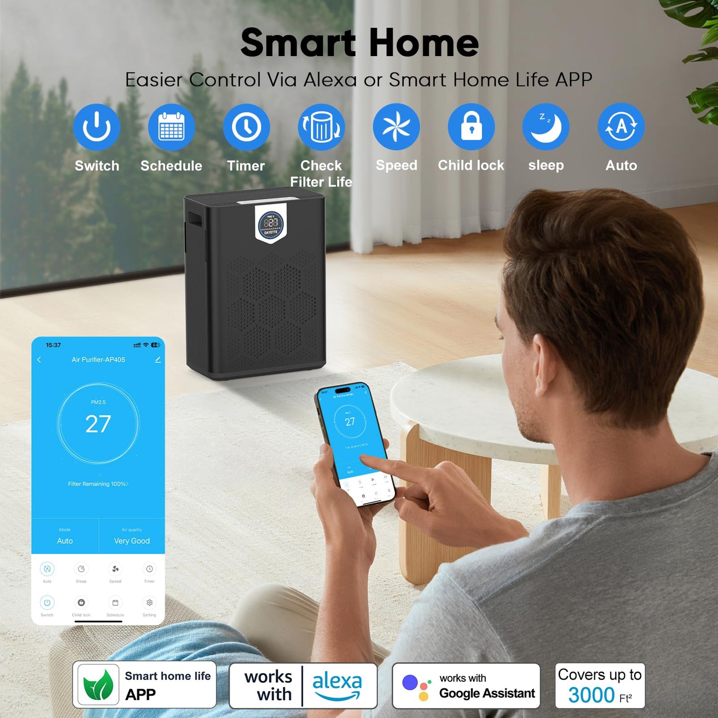 DAYETTE Smart Air Purifiers for Home Large Room with Fragrance, H14 Air Purifier with Washable Filters Up to 3000 Ft², APP & Voice Control & 22 dB