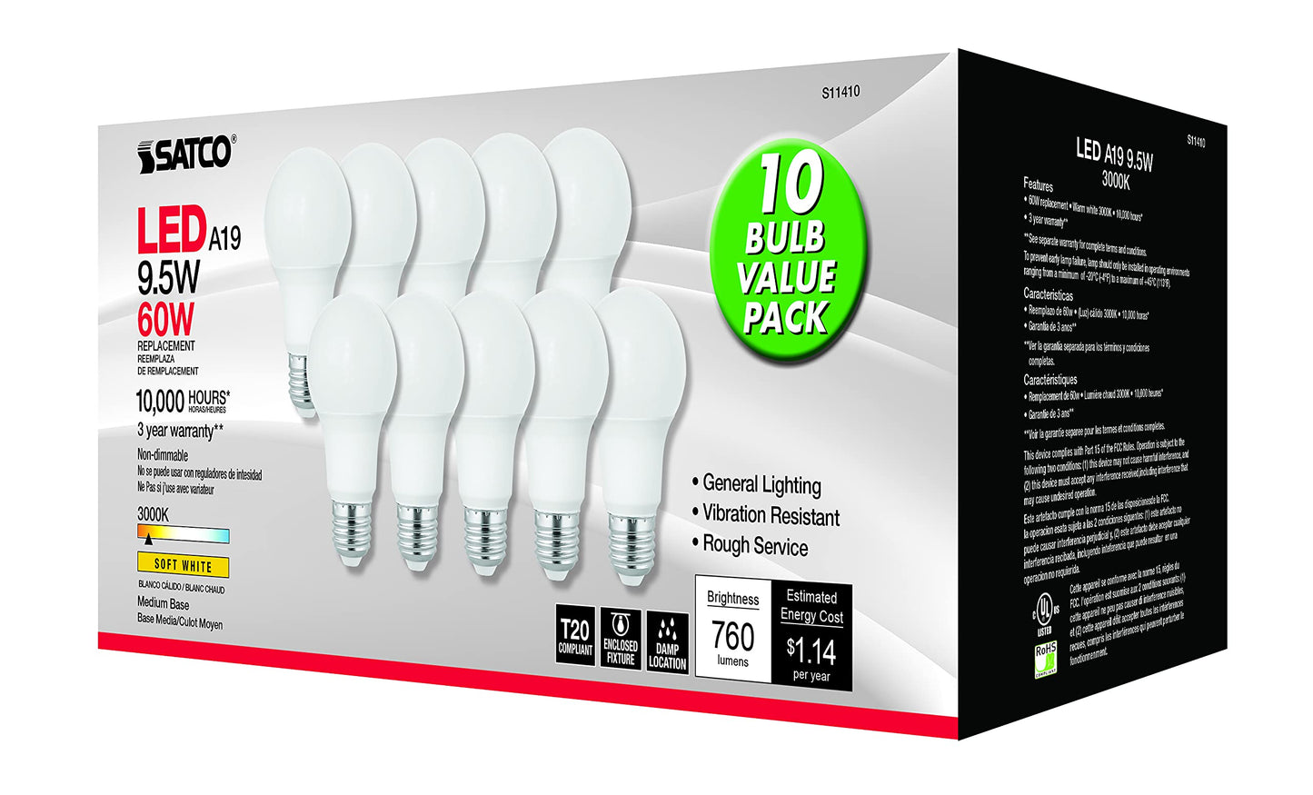 Satco S11410, A19 LED Light Bulbs, 60W Replacement, 3000K, 10-Pack