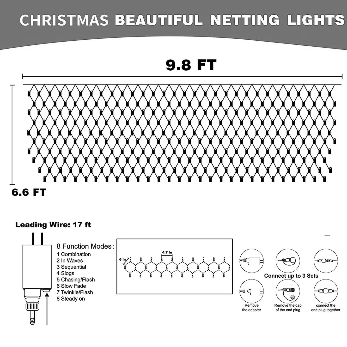 Dazzle Bright St. Patrick's Day 200 LED Net Lights, 9.8 FT x 6.6 FT Connectable Mesh Lights Clear Wire with 8 Lighting Modes, Christmas Decorations