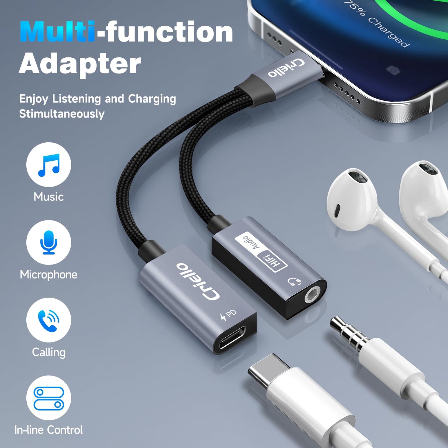 Criello Magnetic USB-C to 3.5mm Audio Adapter and Charger 2 in 1 Headphone and Charger Type C Audio Adapter with PD 60W Fast Charging Dongle Cable