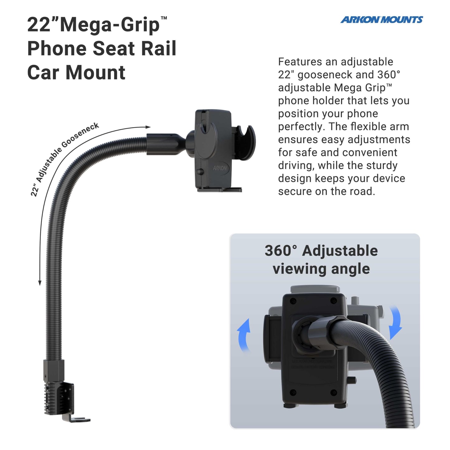 ARKON Mounts - Phone Holder with Car Seat Rail Mount | Car Phone Stand with Flexible 22" Arm | Professional-Grade Durability | Phone Holder For Car |