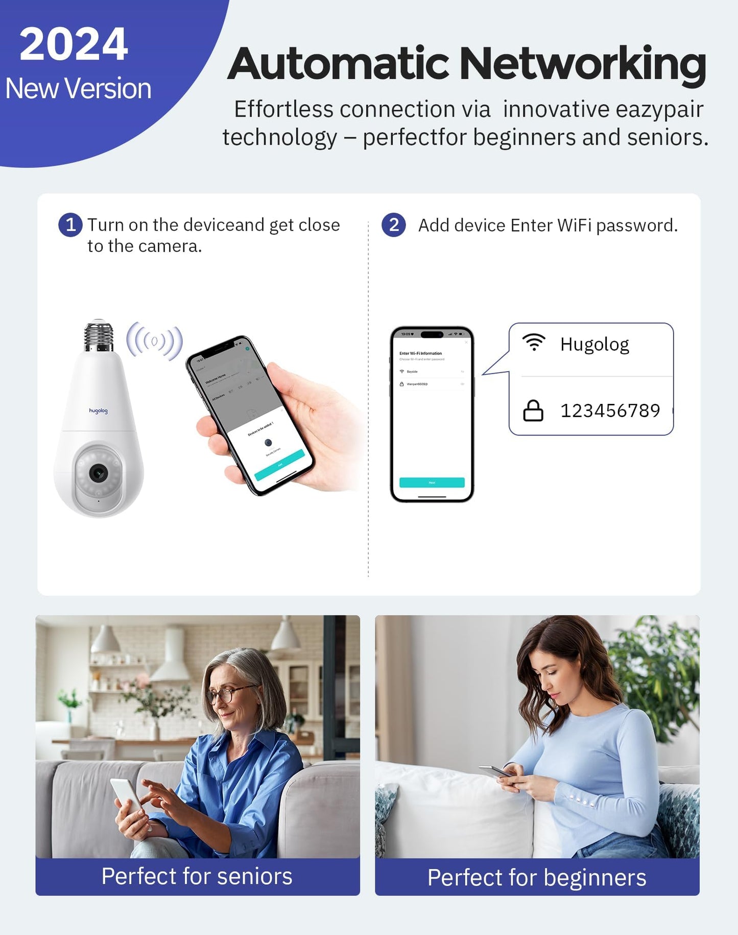 Hugolog 2K 3MP Light Bulb Security Camera 5G& 2.4GHz WiFi, 360° Wireless Outdoor Indoor Camera for Home, Motion Detection, Two-Way Talk, Color Night