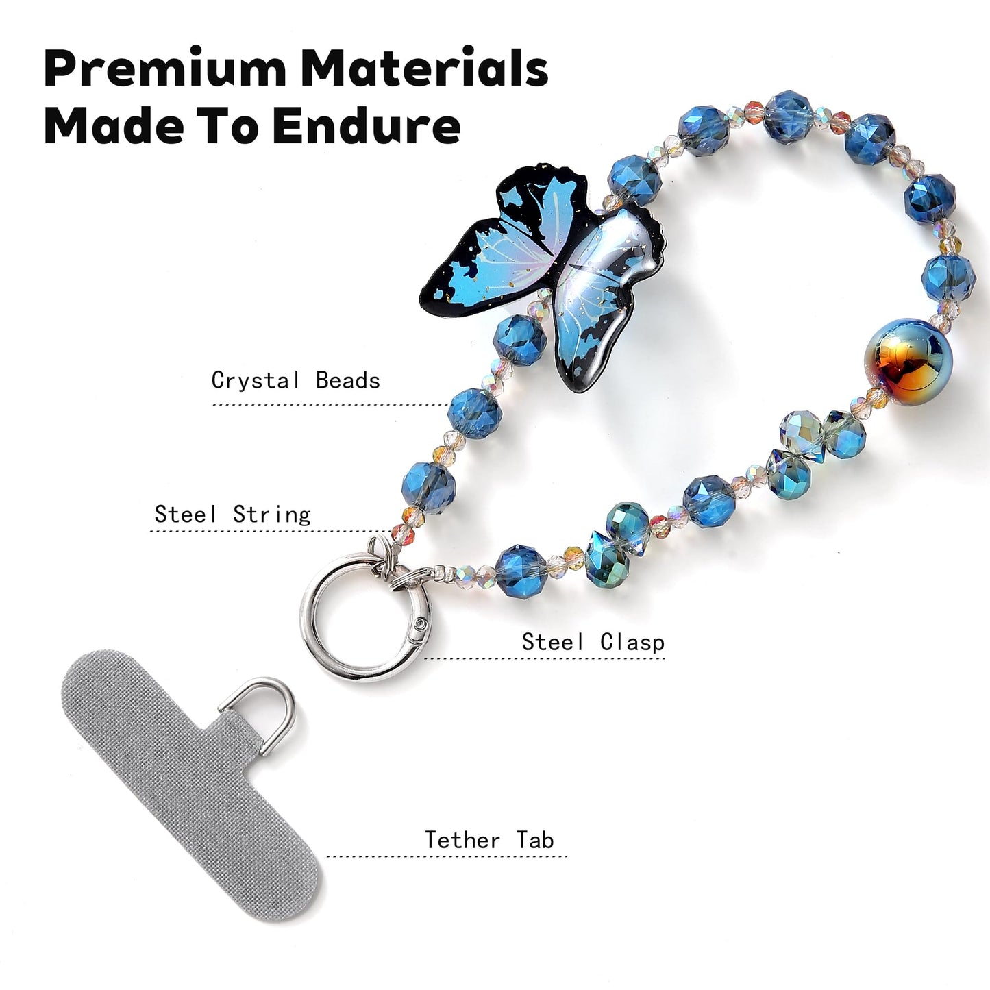 Phone Charm with Beaded Crystals, Anti-Theft Phone Strap, Hands-Free & Detachable Cellphone Lanyard, Cellphone Chain Wristlet with Tether Tab, Charms