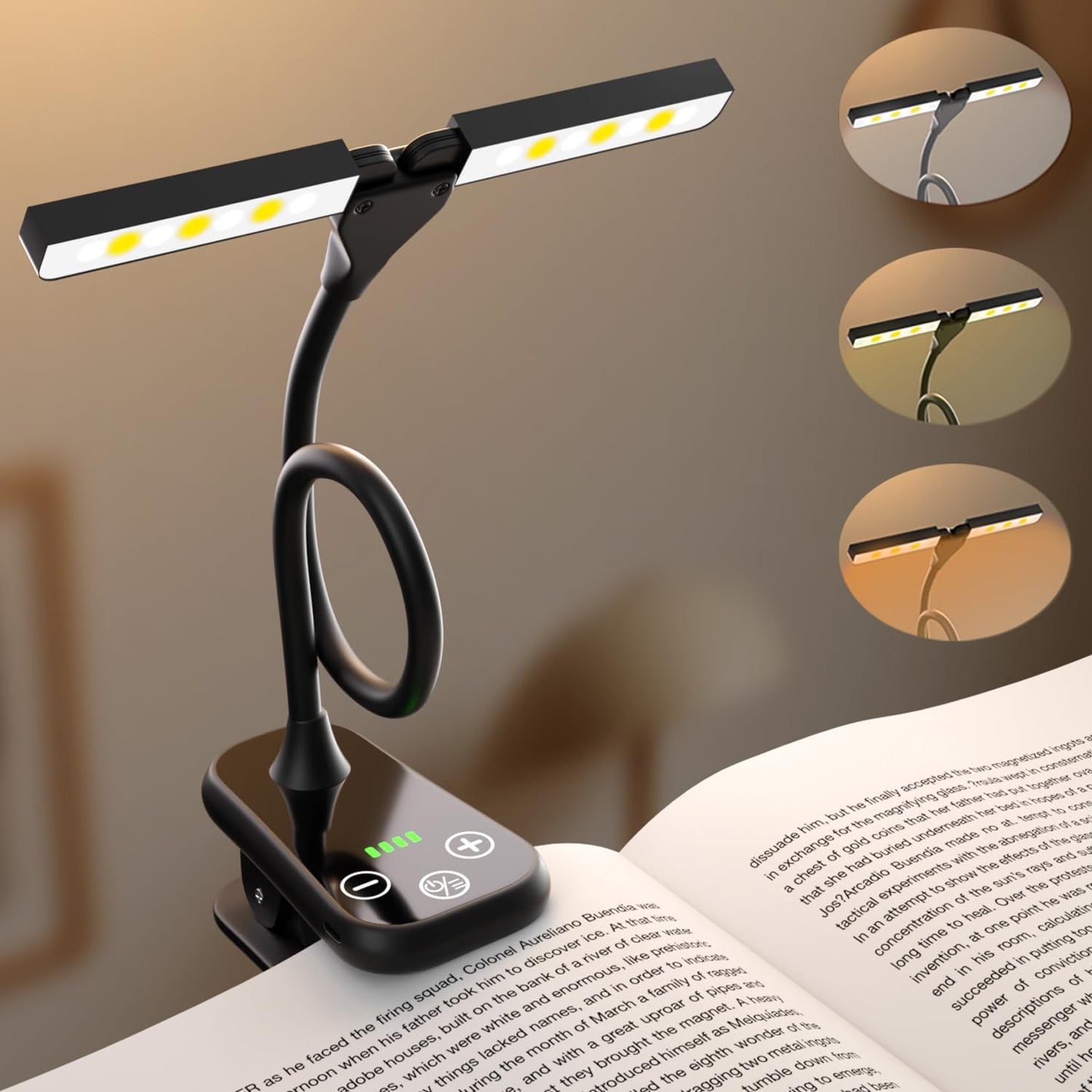 Ruoaueob Rechargeable Clip On Book Light, 3 Color Eye-Care LED Reading Light, 360° Rotatable Bed Reading Lamp, USB Rechargeable, Portable Book Light