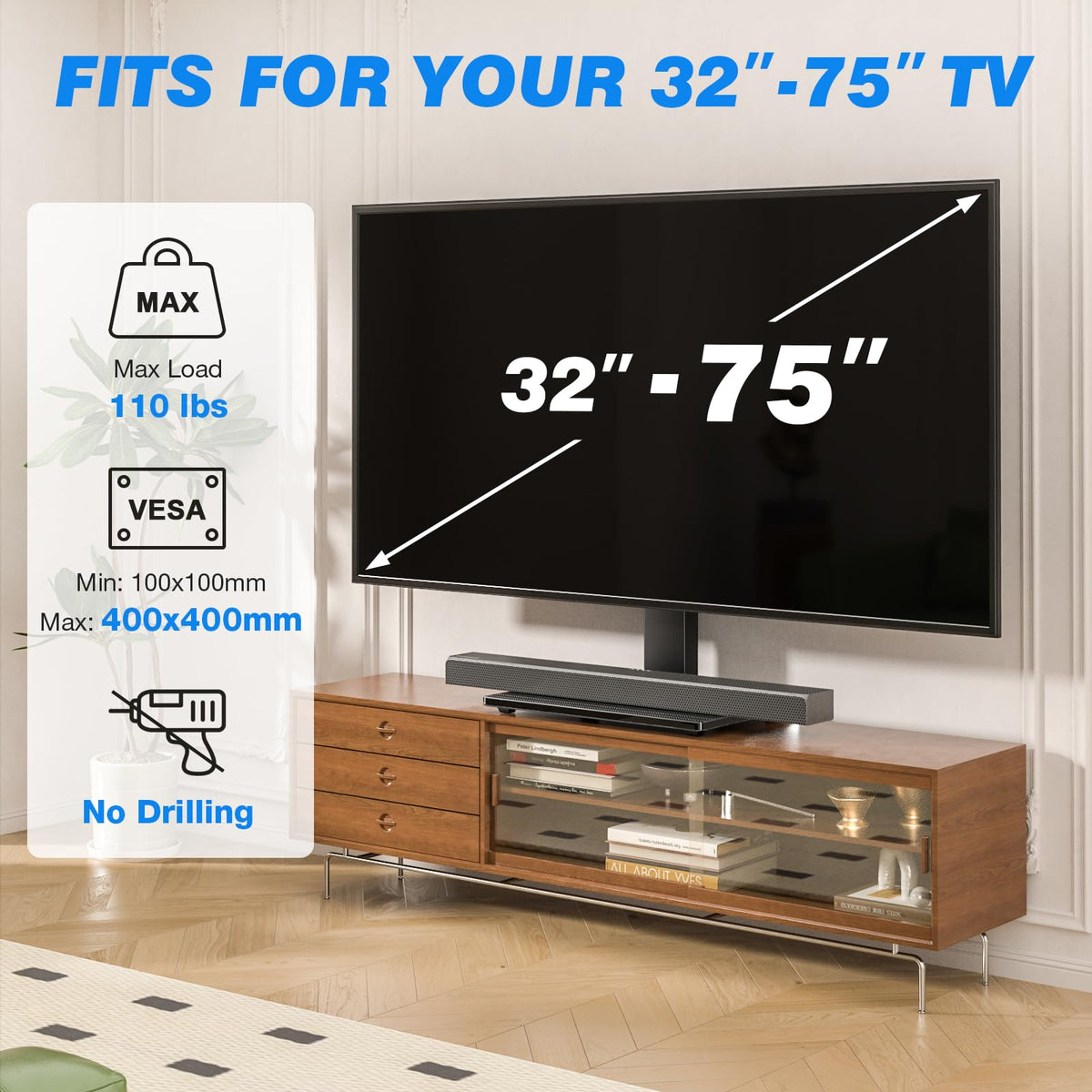 Rfiver Universal TV Stand for 32-75 inch TVs, Support 50°Swivel and 5°Tilt