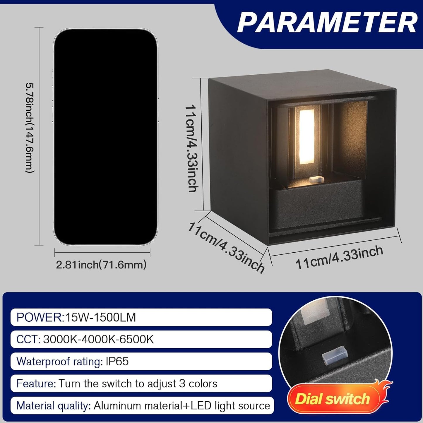 YCZM 2 Pack 3-Color Adjustable Modern Outdoor Wall Lights, 15W Square LED Exterior Wall Sconce, Up and Down Lighting Fixtures, IP65 Waterproof