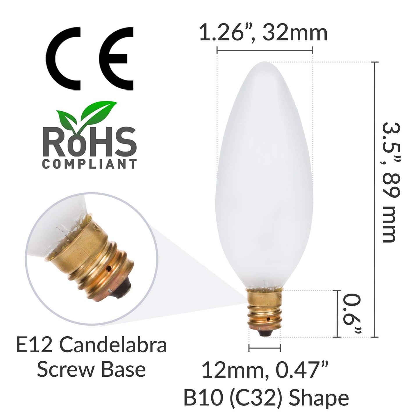 Simba Lighting Candelabra Torpedo Frosted B10 40W E12 Base 120V, 12 Pack