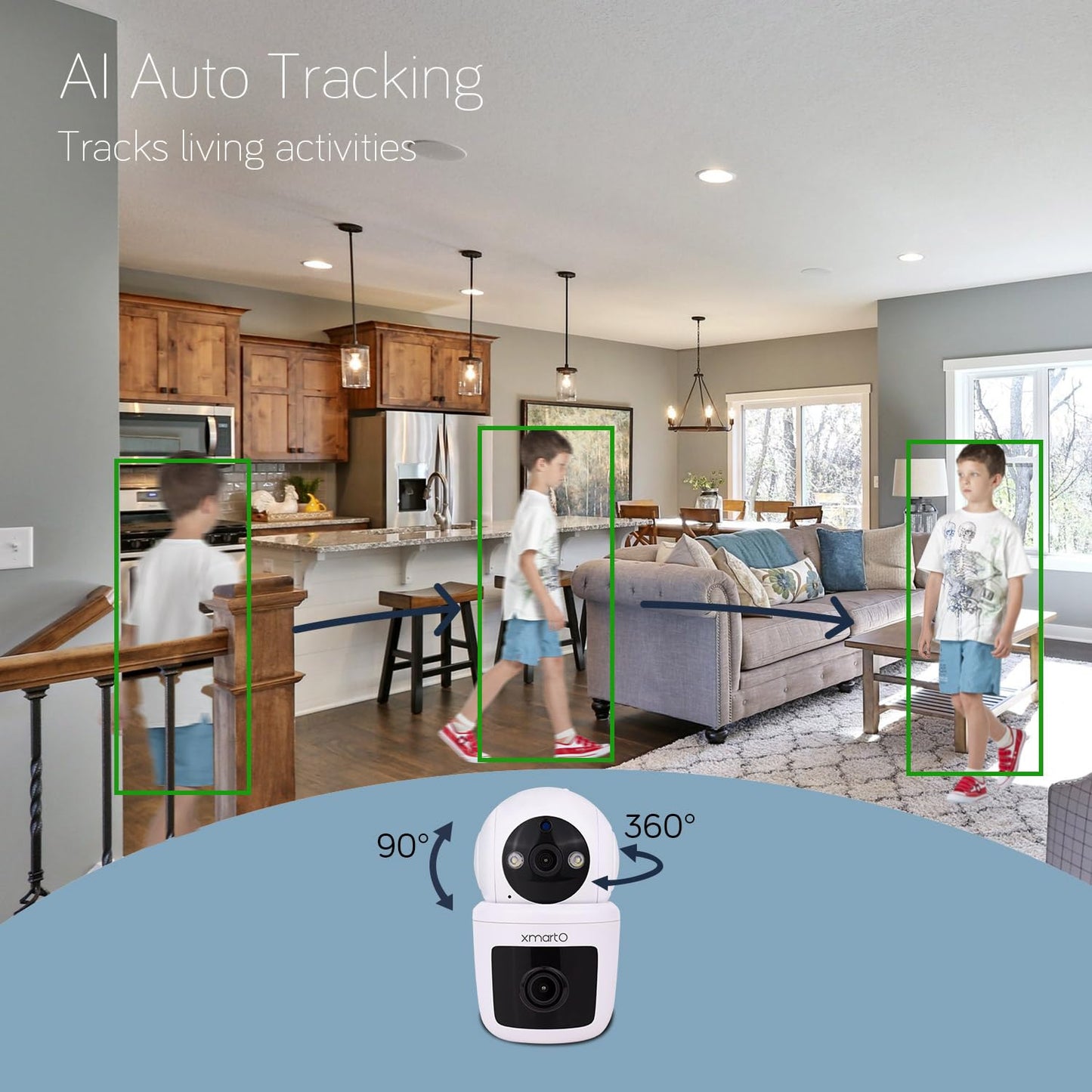 xmartO [AI Auto Track] 2K HD Auto Tracking Wireless Security Camera AC Powered, PTZ Rotation Home Camera with 2-Way Audio, Night Vision and Motion