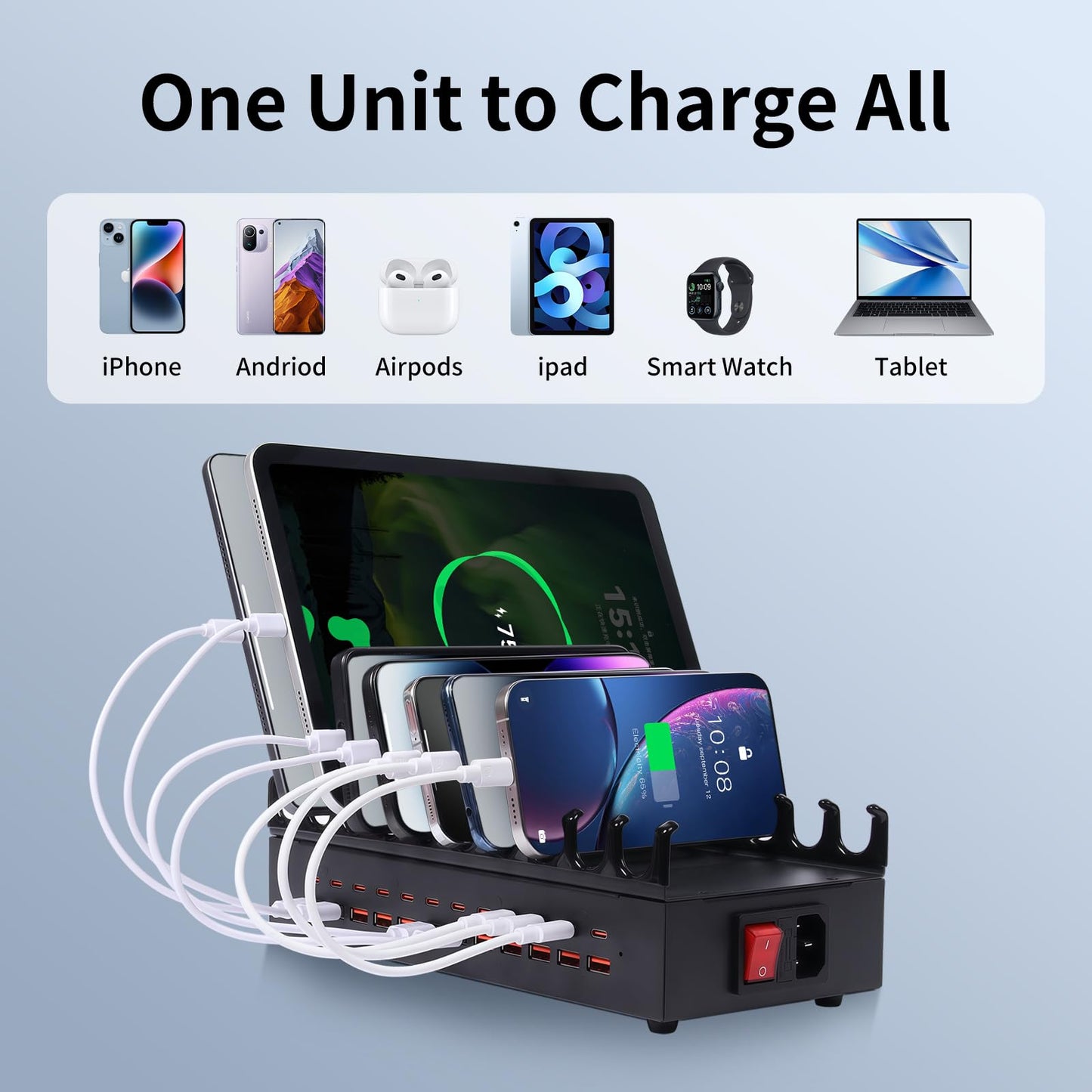 300W Charging Station for Multiple Devices - 24 Ports USB Fast Charging Station with Smart Power Delivery - Kindle, Phone, Tablet Charger Station