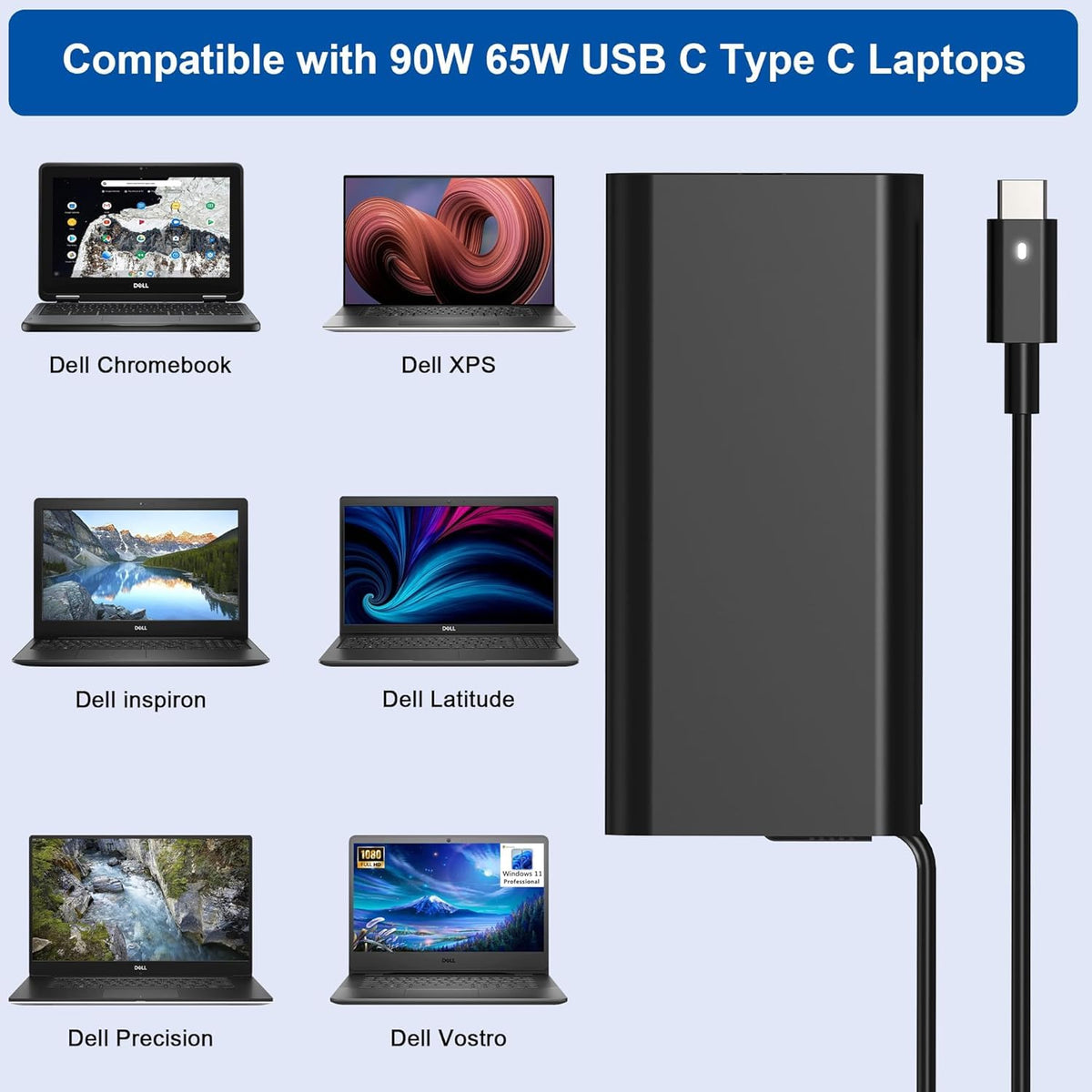 130W USB-C Laptop Charger Replacement for Dell XPS 15 17 Precision Latitude