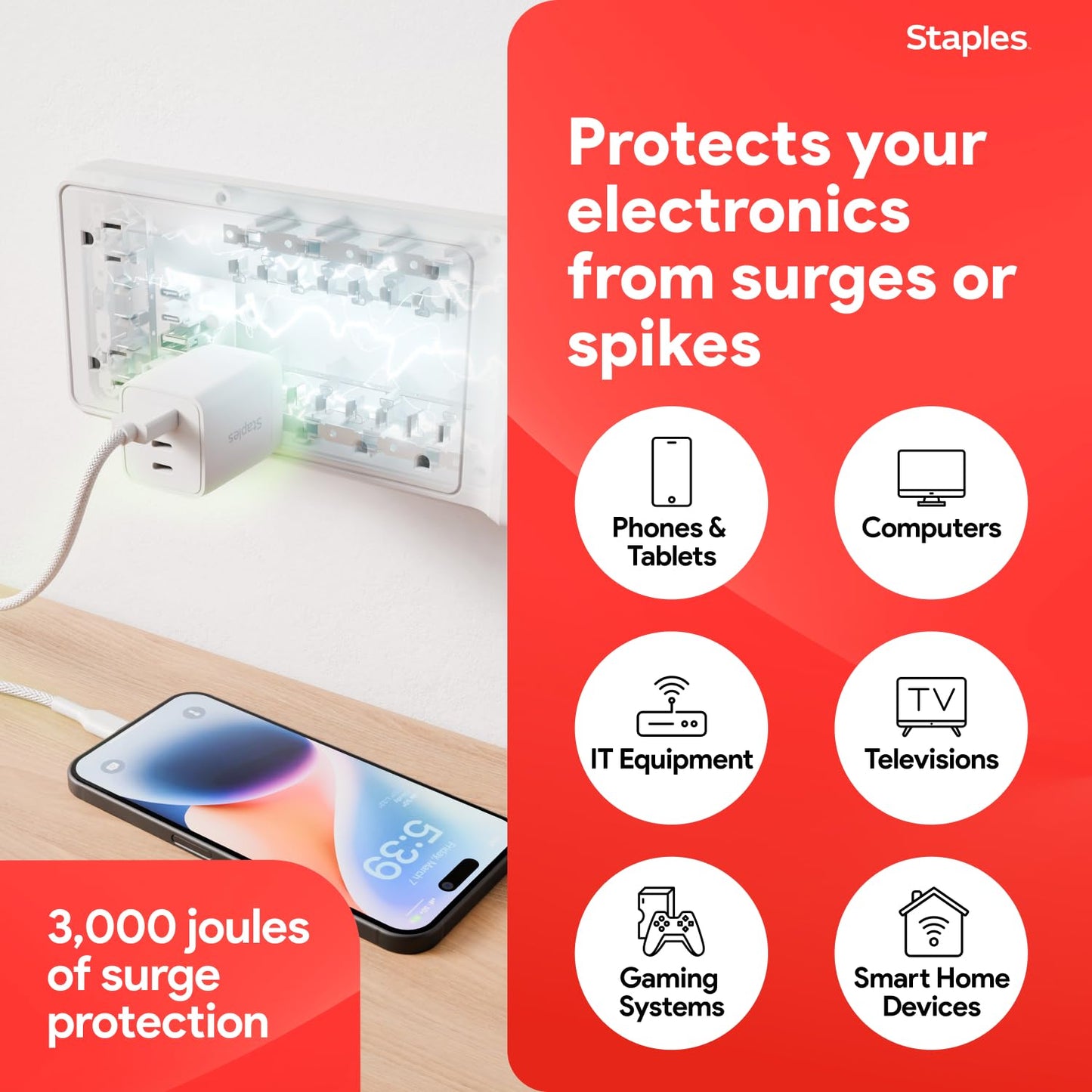 Staples TECH 10?Outlet Surge Protector with 2 USB Charging Ports and 6 ft. Braided Cord with Flat Offset Plug - Ideal for Home & Office, 3000 Joules