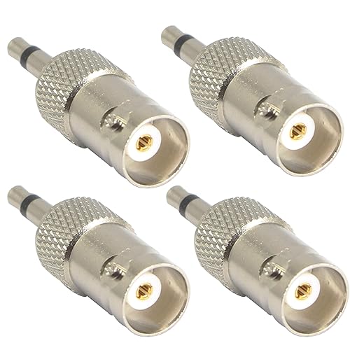 XMSJSIY 3.5mm Mono to BNC Adapter, BNC Female Jack to 1/8" TS Male Plug Nickel-Pated Bidirection Connector for CCTV DVR Camera and More (4 Pack)