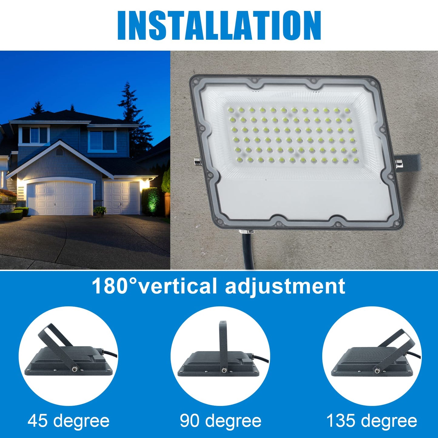 Indmird 150W LED Flood Lights Plug in, Outdoor Security Lights Fixtures 6500K 15000LM Illumination, IP66 Waterproof White Lighting for Ball Ground