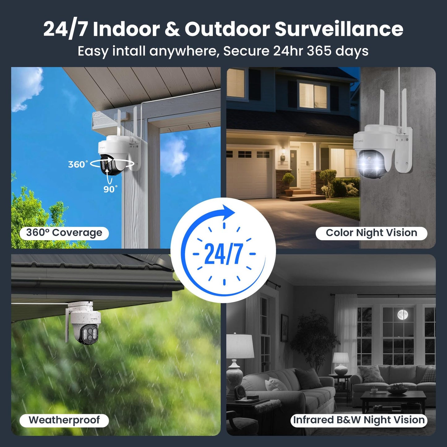 XMARTO 10X Zoom Security Camera, 2K HD 24/7 Recording Security Camera System with Auto Tracking, Wireless PTZ Home Security System for Indoor Outdoor