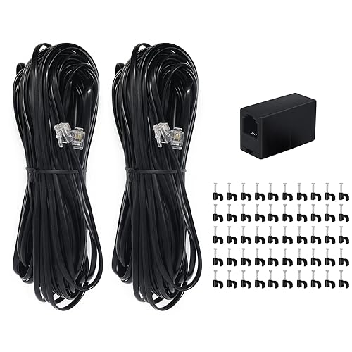 (2+1+50 Pack) 2PCS 50ft RJ11 Landline Phone Extension Cords and 1 in-line RJ11 Female to Female Coupler and 50 PCS Wire Cord Tie Holders