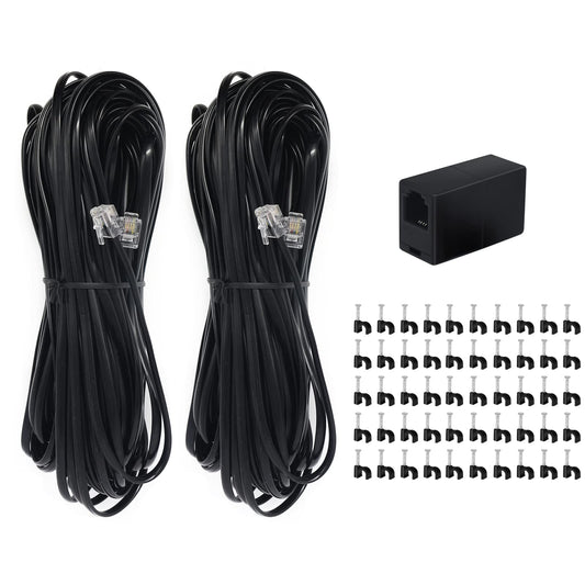 (2+1+50 Pack) 2PCS 50ft RJ11 Landline Phone Extension Cords and 1 in-line RJ11 Female to Female Coupler and 50 PCS Wire Cord Tie Holders