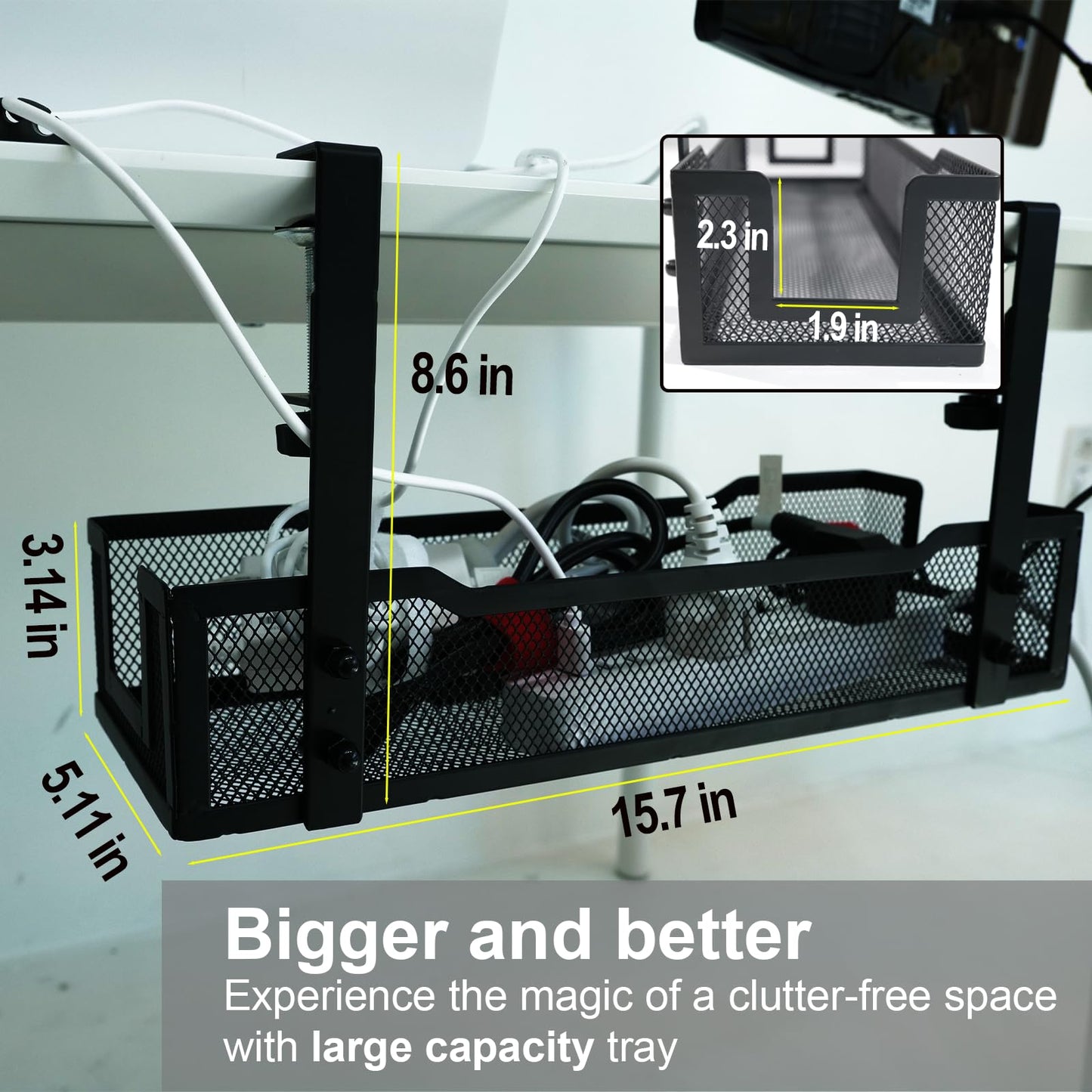 No Drill Under Desk Cable Management Tray with clamp-Premium Wire Tray Cord Organizer - Thin Steel Cable Tray Basket with Charger Holder for
