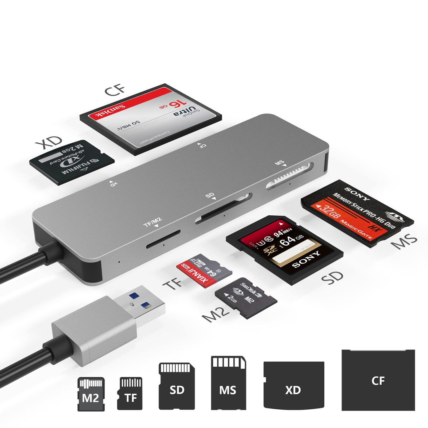 USB3.0 XD Card Reader, USB 3.0 (5Gps) High Speed TF/SD/MS/M2/XD/CF Memory Card Solt Combo Adapter, 6 in 1 Aluminum Card Reader,Compatible with Windows