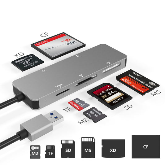 USB3.0 XD Card Reader, USB 3.0 (5Gps) High Speed TF/SD/MS/M2/XD/CF Memory Card Solt Combo Adapter, 6 in 1 Aluminum Card Reader,Compatible with Windows