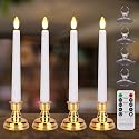 FPOO Flameless Taper Candles Flickering with Remote Timer, 4PCS Battery Operated Window Candles with Gold Candlesticks and Suction Cups, 8 Inch Warm