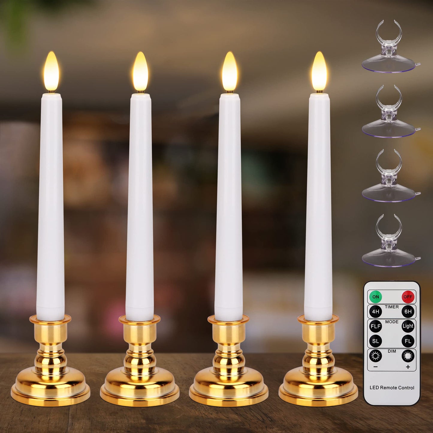 FPOO Flameless Taper Candles Flickering with Remote Timer, 4PCS Battery Operated Window Candles with Gold Candlesticks and Suction Cups, 8 Inch Warm