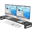 EAXBUX Dual Monitor Stand with Wireless Charging and 4 USB 3.0 Ports, Steel Monitor Stands for 2 Monitors, Metal Computer Stand Riser for Desk