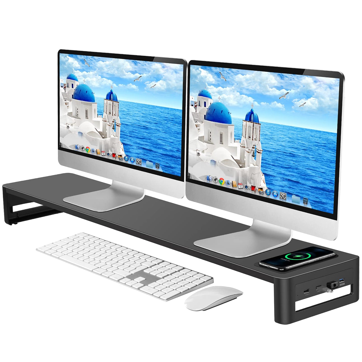 EAXBUX Dual Monitor Stand with Wireless Charging and 4 USB 3.0 Ports, Steel Monitor Stands for 2 Monitors, Metal Computer Stand Riser for Desk