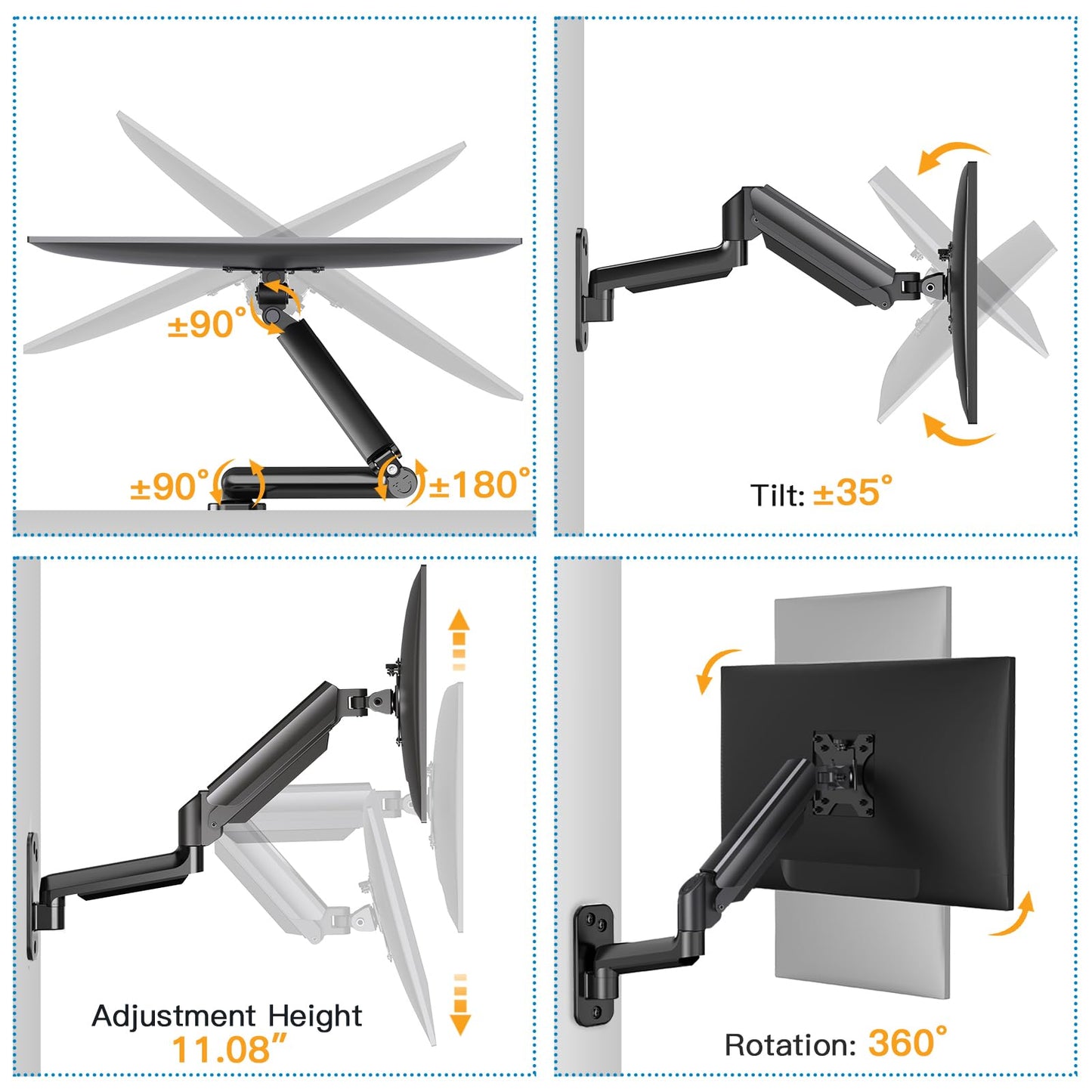 HUANUO Single Monitor Wall Mount for 13 to 32 Inch Computer Screen, Gaming Monitor Wall Mount Arm Holds up to 17.6lbs, Height Adjustable Full Motion