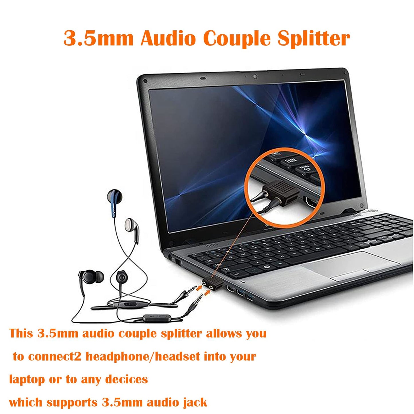Sairps 3.5mm +Headphone +Splitter, Double Headphone Jack Adapter 3.5mm to 1/8 Adapter y Splitter-2 Pack