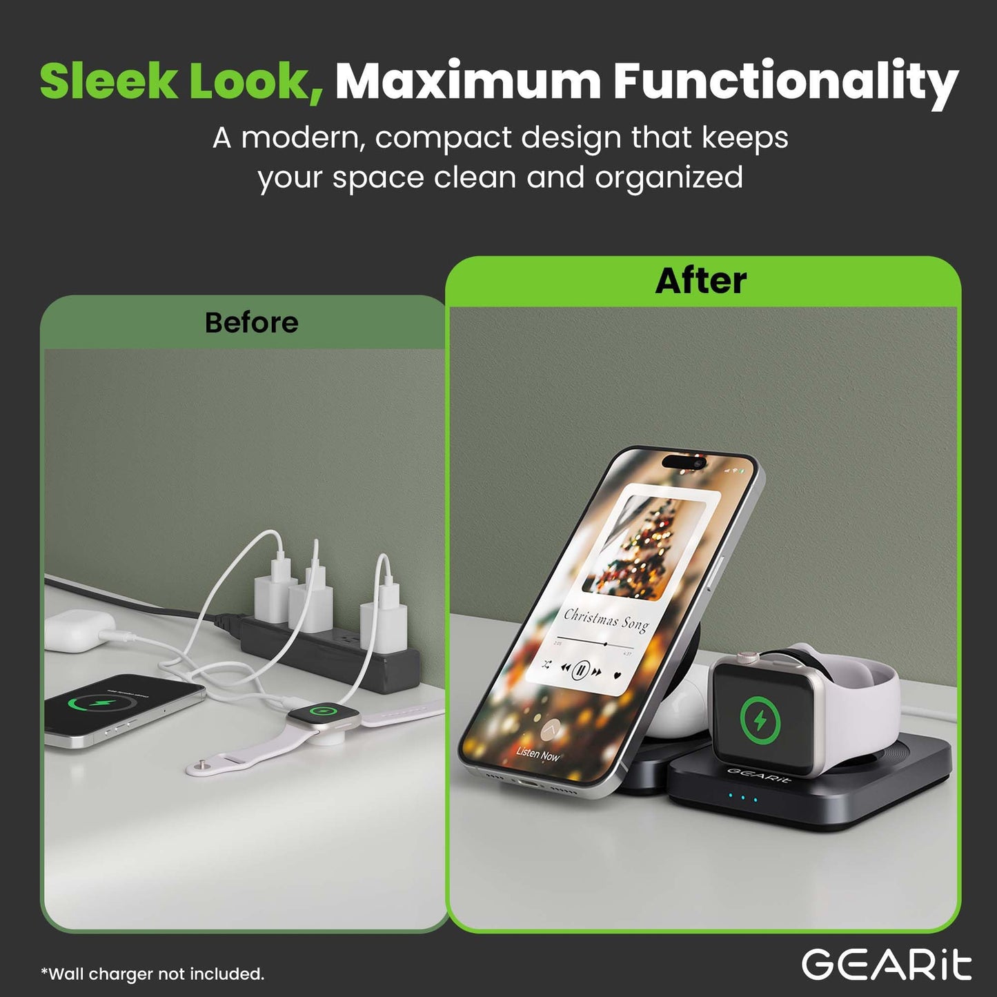 GEARit 3-in-1 Wireless Charging Station - Qi2 MagSafe Charger Stand for Phone, Watch and Earbuds - Works with iPhone 15, 16, 16 Pro, Pro Max, Apple