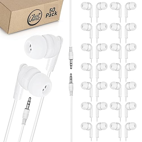 JustJamz Bulk Earbuds 50 Pack | Basic Earbuds, Pearl White In-Ear Earphones, Disposable Headphones, Wired