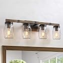 LNC Rustic Bathroom Light Fixtures Farmhouse Vanity Lighting with Mason Jar Glass, Wooden Finished, 29 inches, Brown, 4-Light , White