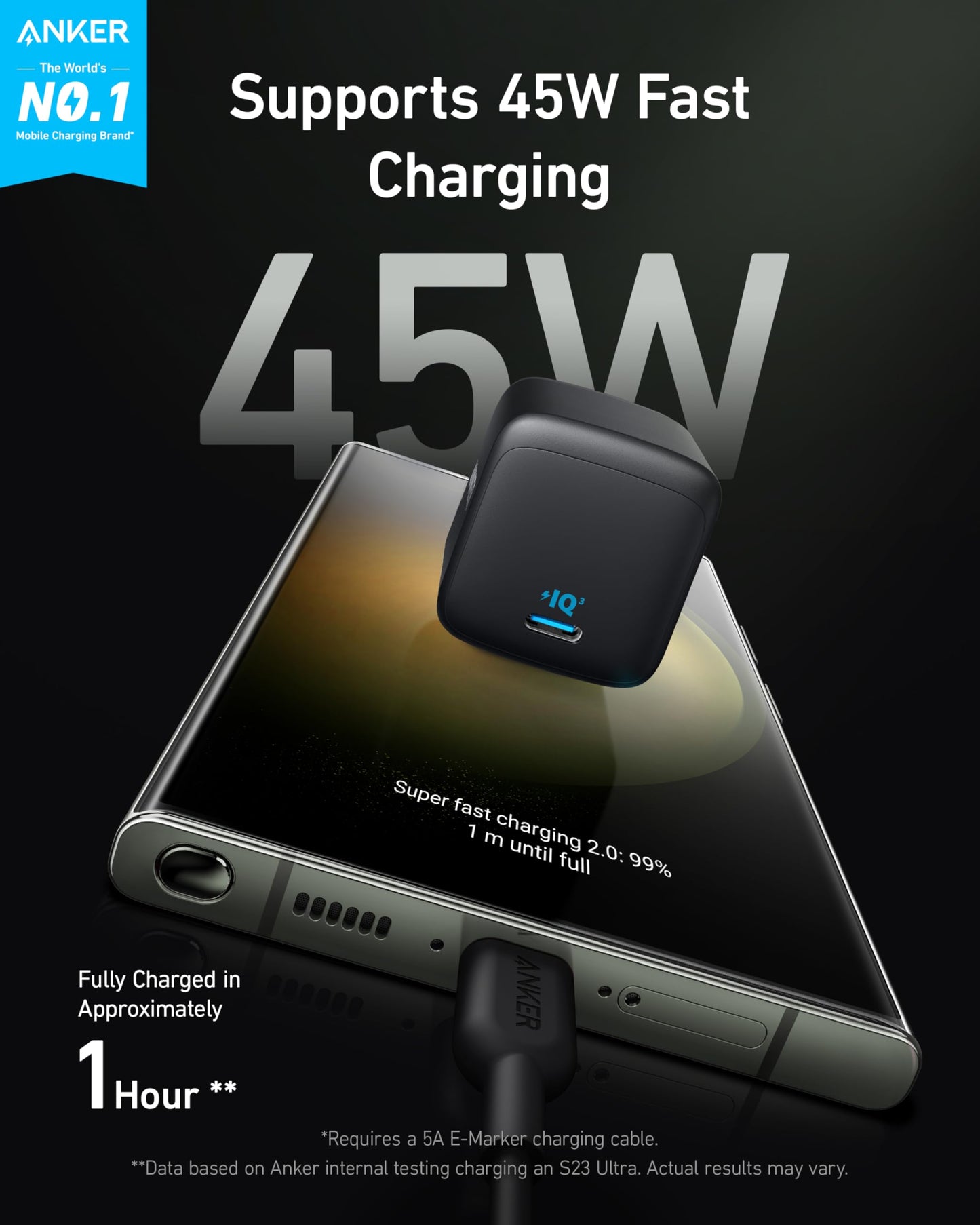 Anker 45W USB C Charger Block, Foldable PPS Fast Charger for iPhone 17/16 and More Series, Supports Super Fast Charging 2.0 for Galaxy S24 Ultra