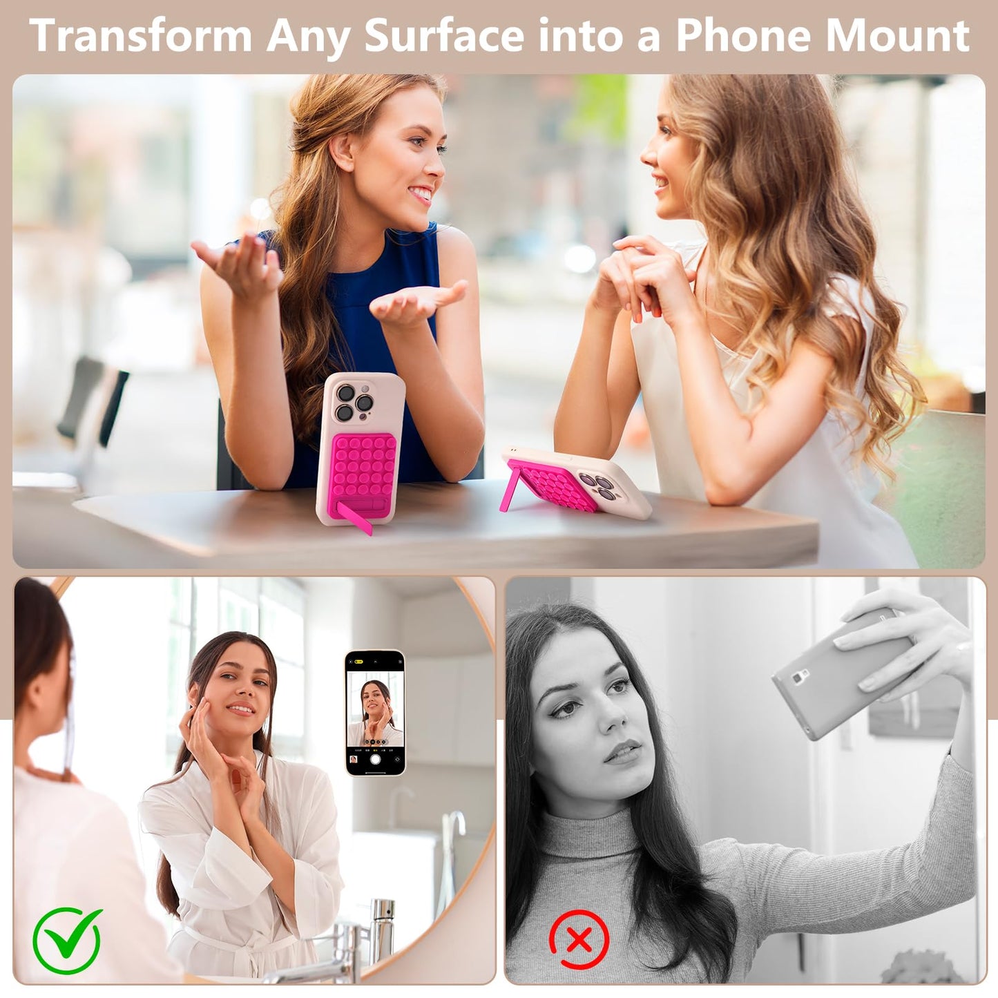 EASTOU Suction Phone Mount for Case, 2 in 1 Silicone Octo Cup Buddy Sticky Grip Holder for iPhone, Hands-Free Selfie/Video for TikTok Influencers,Dark