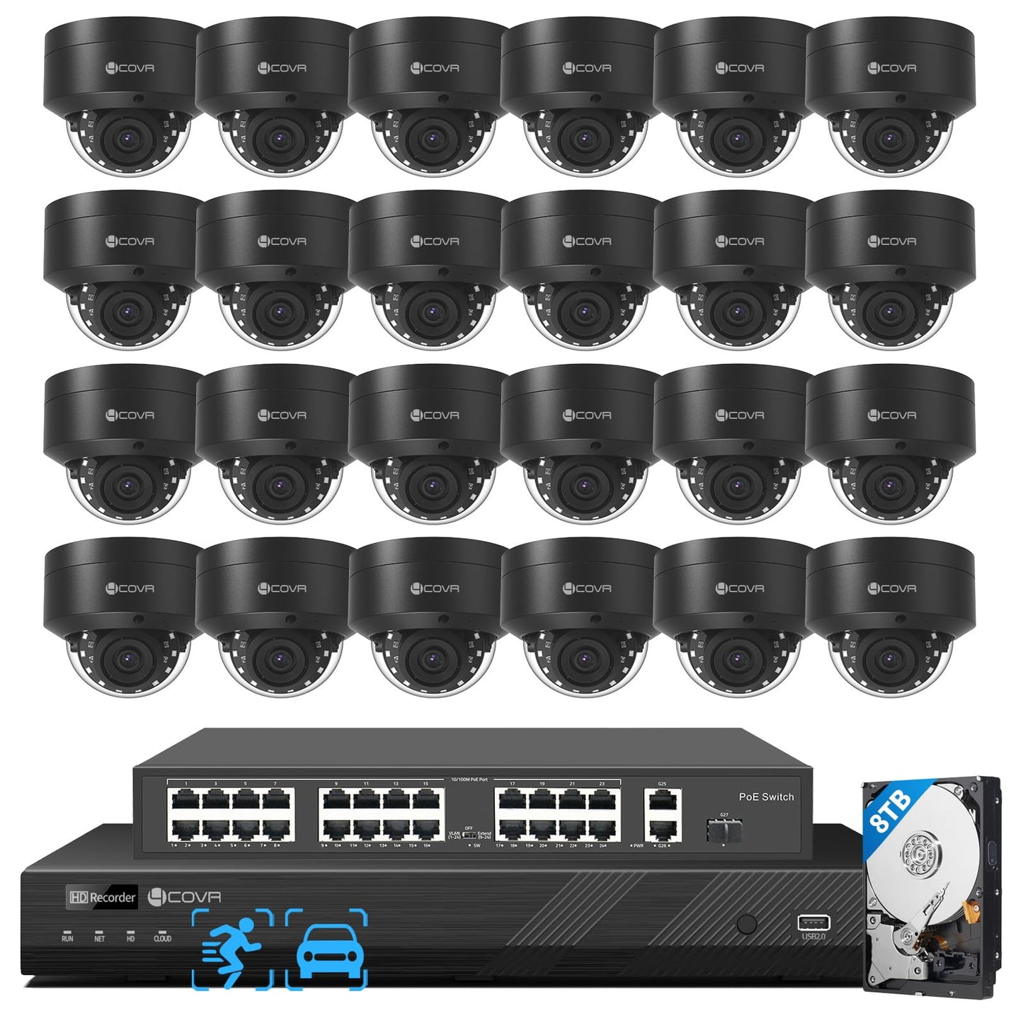 4COVR PoE 32 Channel Security Camera System AI Human Vehicle Detection, 24Pcs 5MP IK10 Vandal-Proof Dome IP Camera IP67 with Mic, 4K UHD NVR 8TB HDD