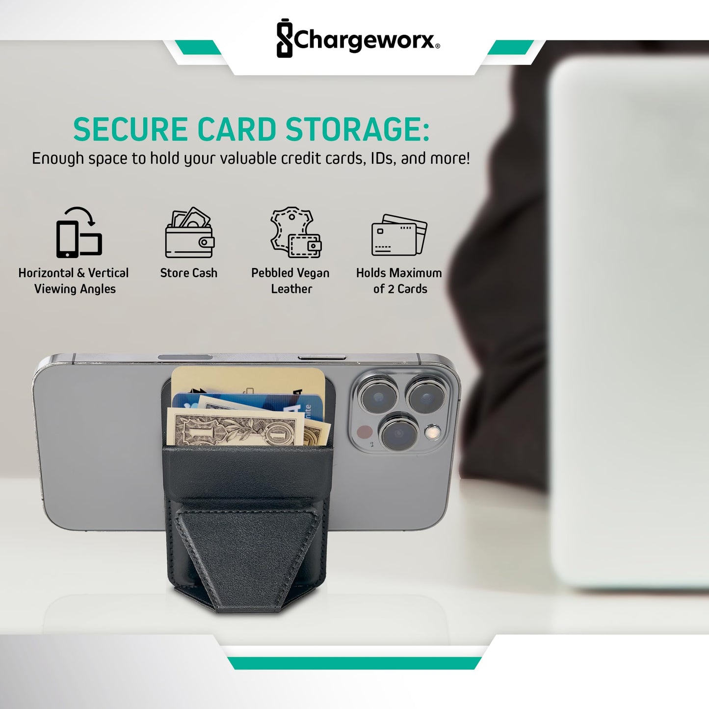 CHARGEWORX Magnetic Wallet for iPhone MagSafe, Slim Card Holder Phone Stand with Strong Magnet Grip, Vegan Leather Minimalist Wallet Case for iPhone