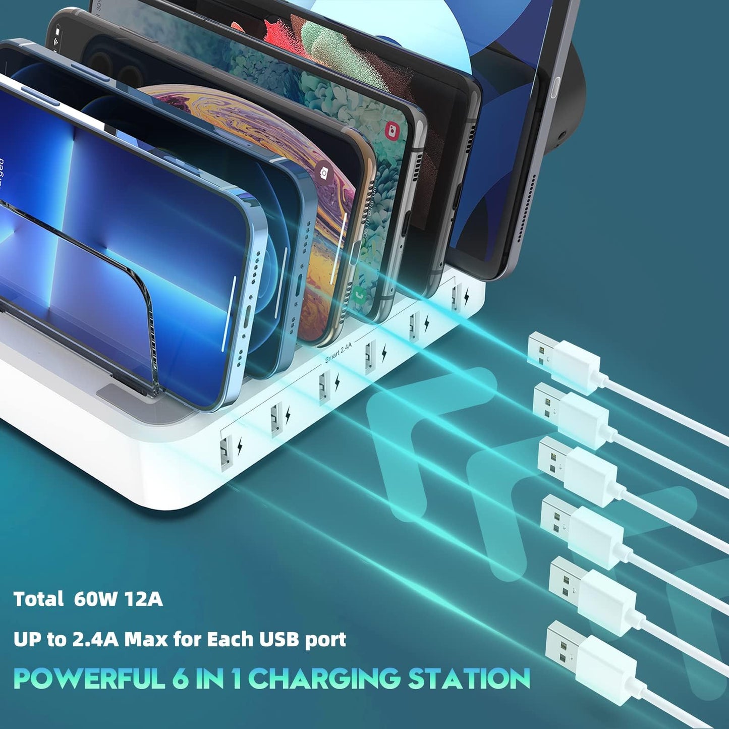 Charging Station for Multiple Devices,60W 6 Port Charger Station with 7 Mixed Charging Cables,USB Charging Dock,Compatible with Cellphone,Tablet