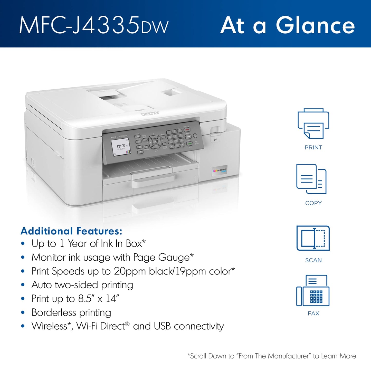 Brother MFC-J4335DW INKvestment Tank Wireless All-in-One Color Inkjet Printer, Up to 1-Year of Ink in-Box, Duplex Printing, Mobile and Cloud Print