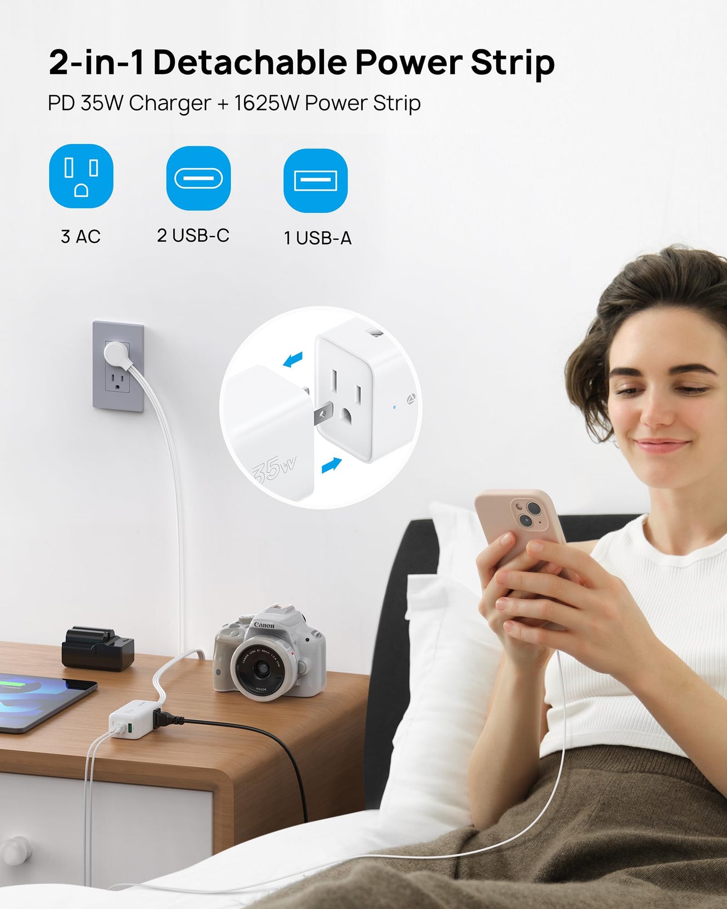 TROND Travel Power Strip with Detachable USB C Ports Fast Charge GaN III PD35W, 5ft Flat Plug Extension Cord with Multiple Outlets, for Home Hotel