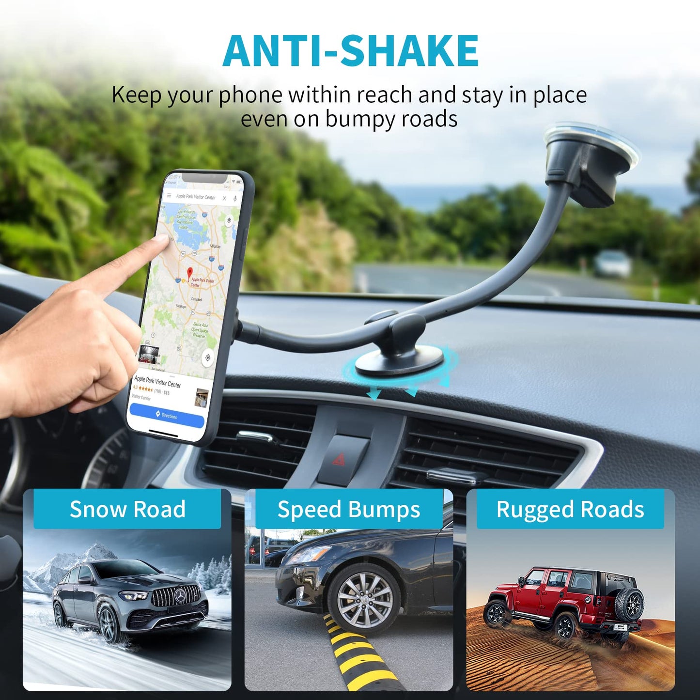 APPS2Car Magnetic Phone Holder Mount with 13-inch Flexible Long Arm & 6 Strong Magnets, Anti-Shake Holder for Truck Windshield Dashboard, Suction Car