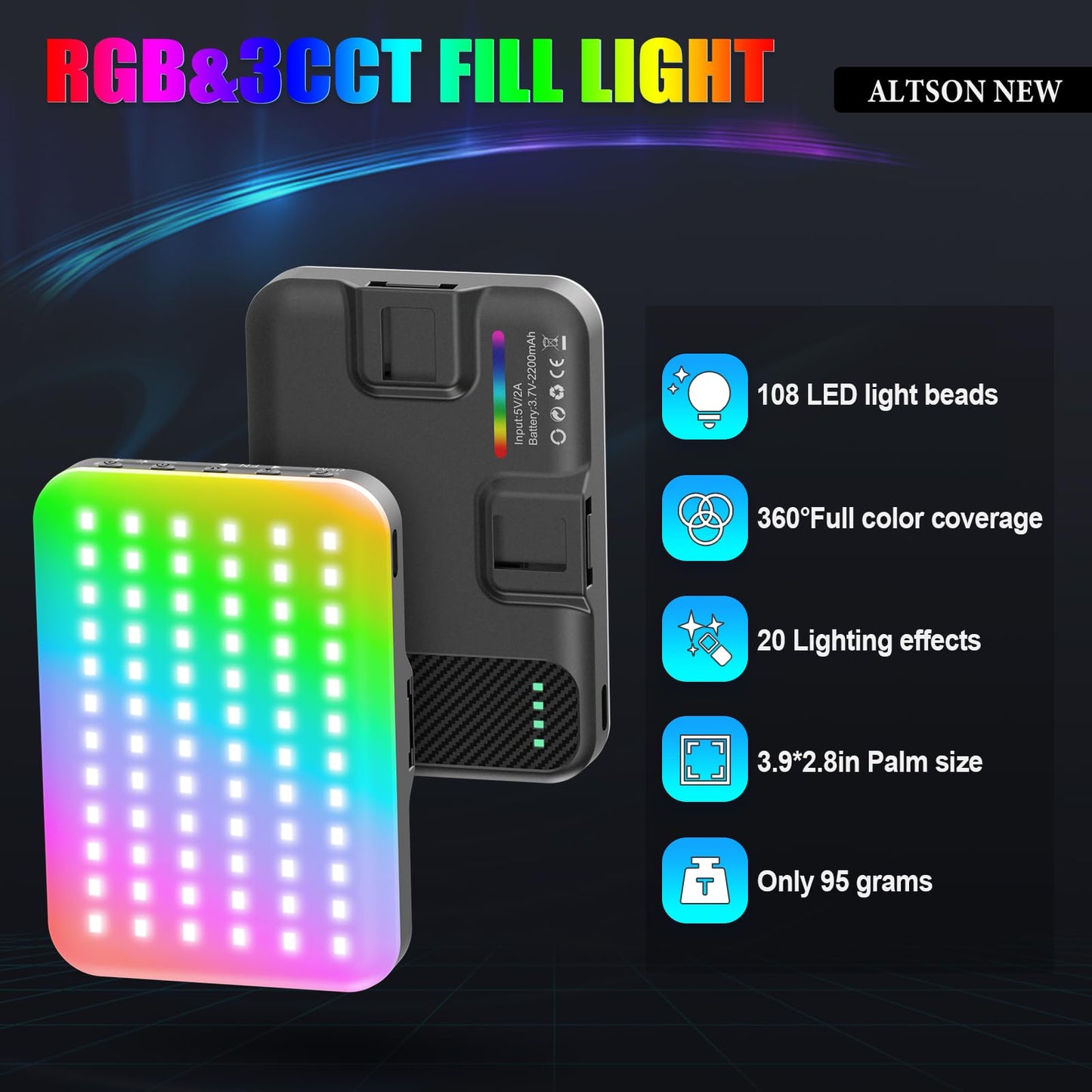 108 LED Video Light, 2500K-6500K RGB Selfie Light for iPhone-CRI 97+, 2200mAh Camera Light with 3CCT/RGB 360° Full Color/20 Lighting Effects, Portable