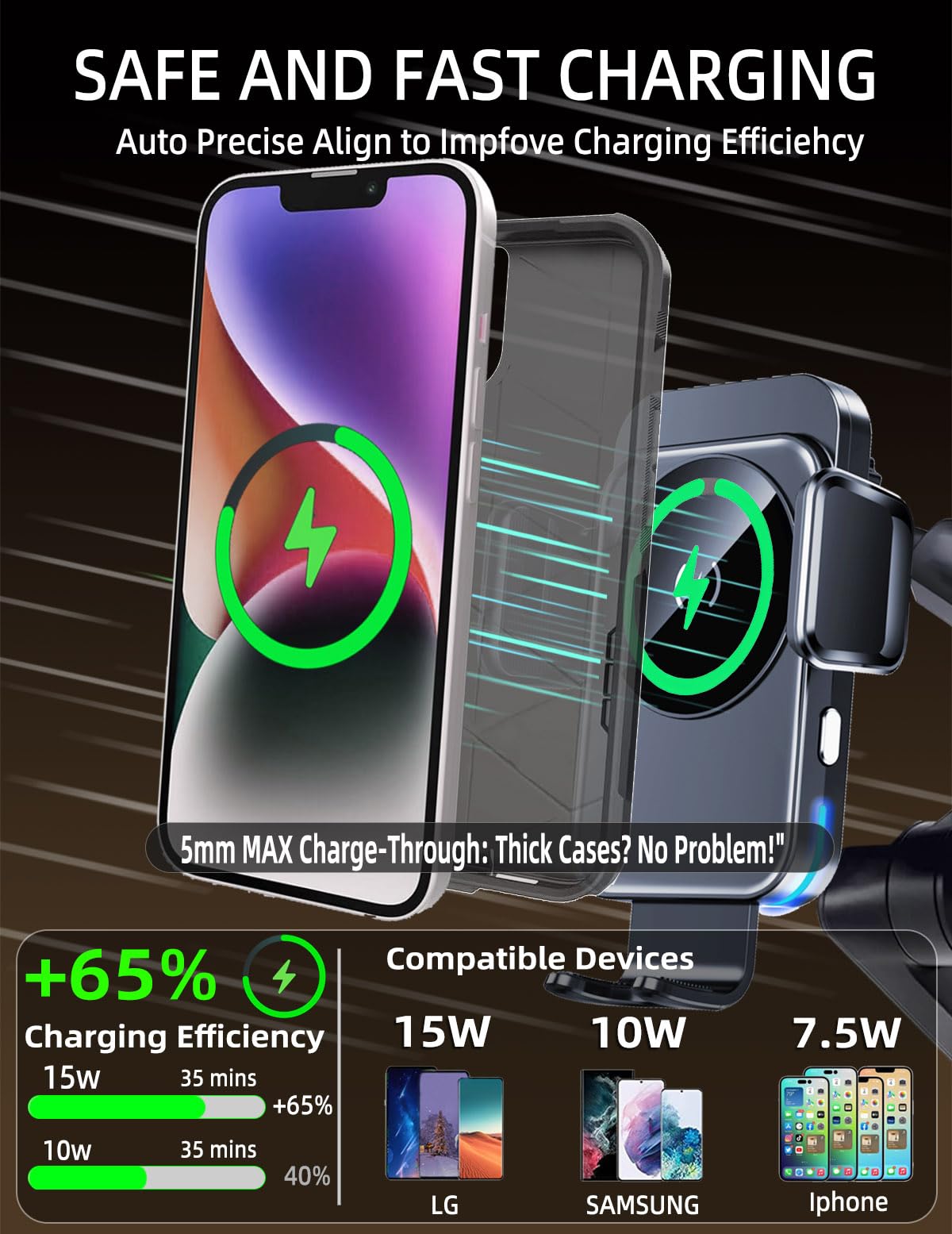 WCKESI Wireless Car Charger Phone Holder Mount for Truck, 15W Fast Charging ?15 inch Long Arm? Heavy Duty Phone Holders for Your Car Windshield