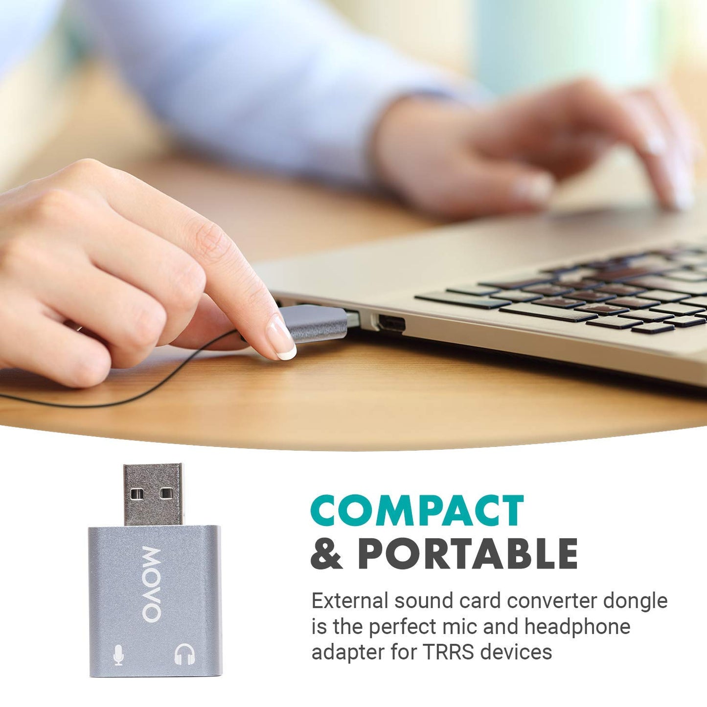 Movo USB-AC1 3.5mm TRRS Microphone to USB 2.0 Stereo Digital Audio Converter - USB Sound Card Adapter for Computer or Laptop - Convert USB Input
