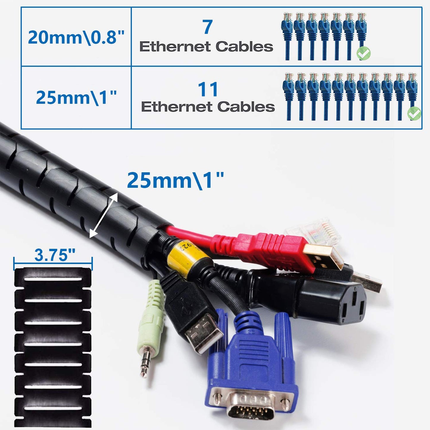 10FT Cable Management Sleeve EZ Cord Bundler 1" Diameter w/Zip Clip Zipper Wire Wrap Cord Organizer Cable Tube Hider Flexible & Expandable Home
