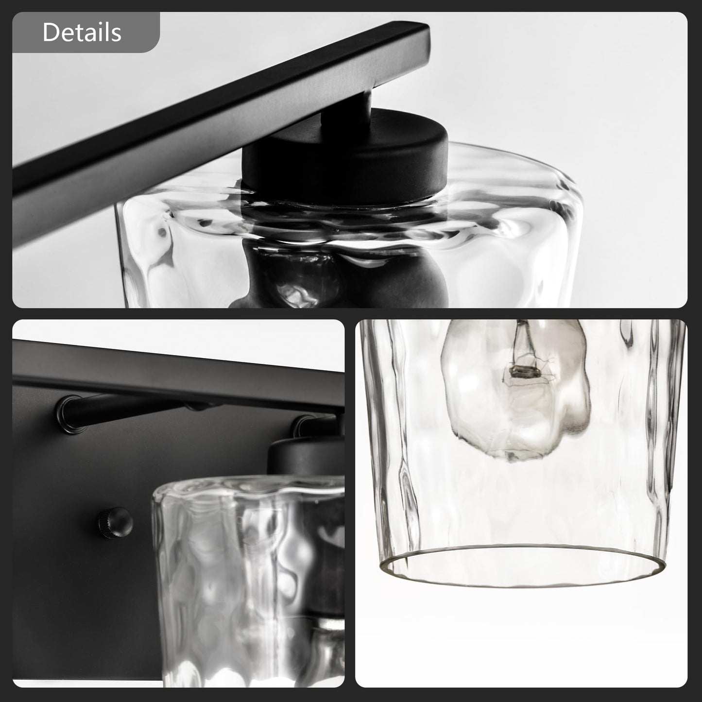 Edvivi Bathroom Light Fixtures, 3-Light Modern Matte Black Vanity Light Over Mirror, Wall Sconces with Hammered Clear Glass Shades for Living Room