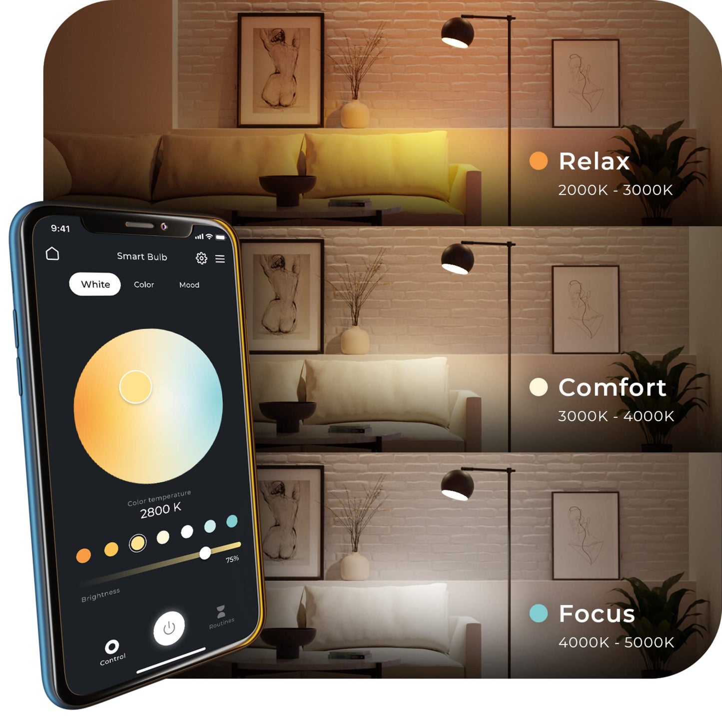 Globe Electric Wi-Fi Smart 10W LED Bulb, Multicolor RGB + Tunable White 2000K-5000K, A19 Shape, E26 Base, App + Voice Control, No Hub Required, 34212